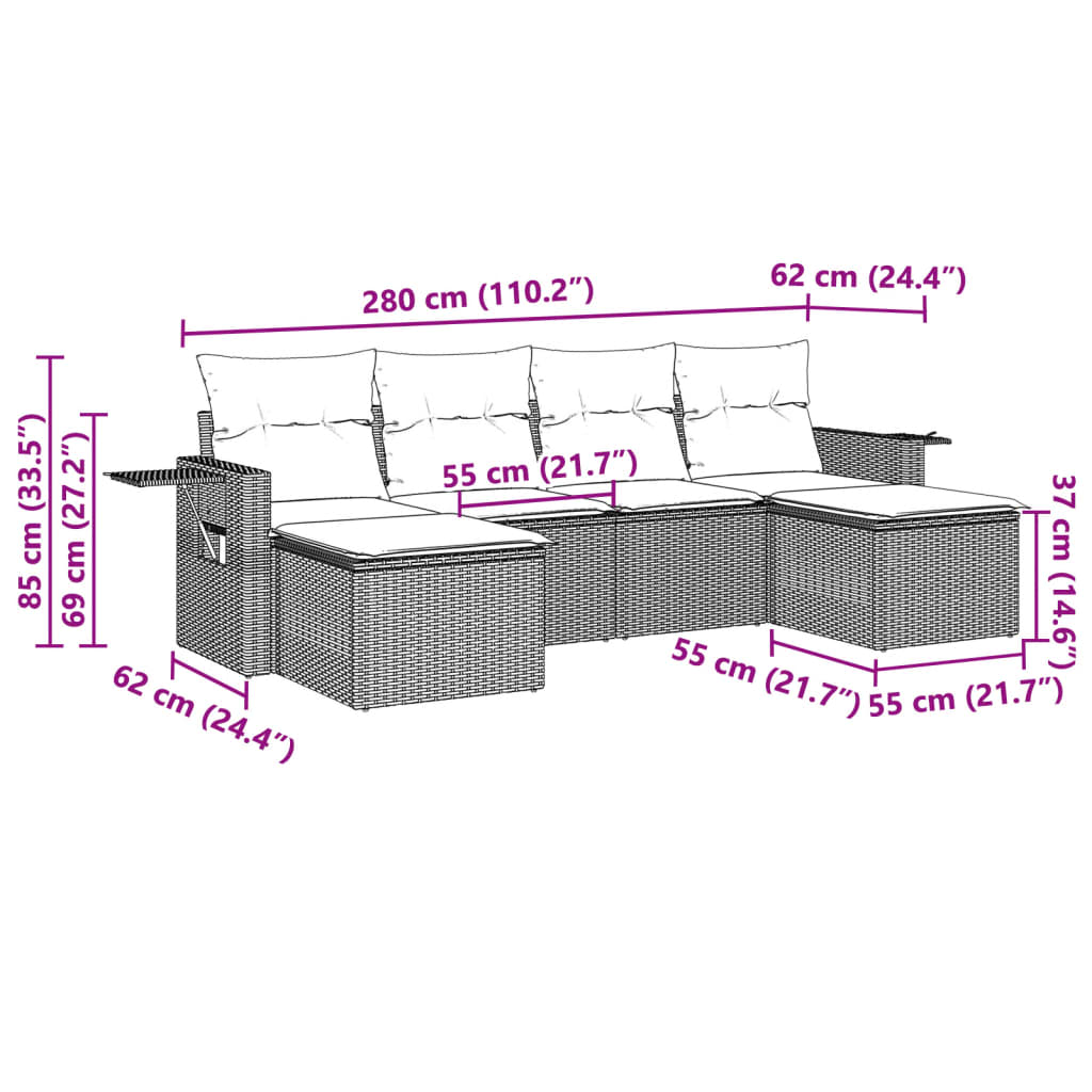 6 pcs conj. sofás jardim com almofadões vime PE cinzento-claro
