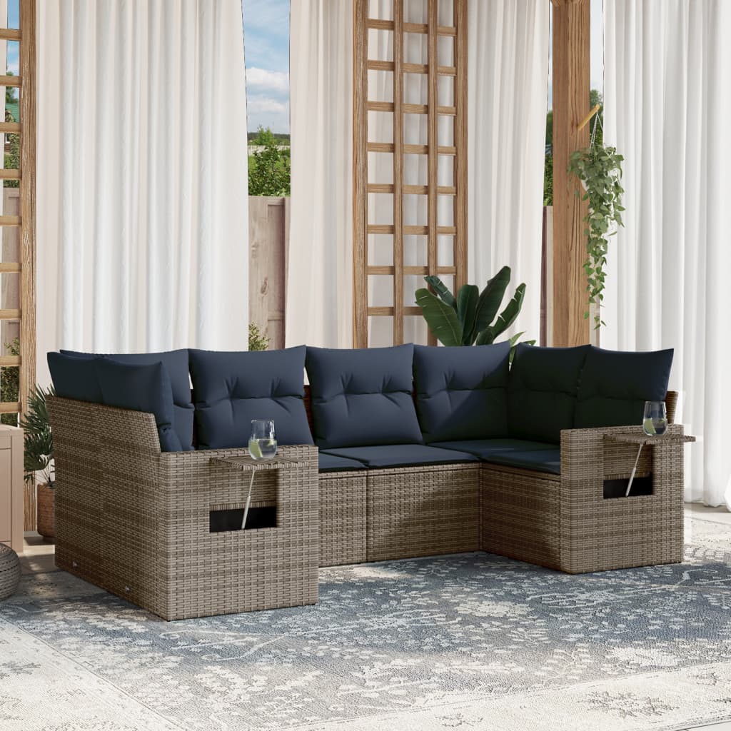 6 pcs conjunto sofás p/ jardim c/ almofadões vime PE cinzento