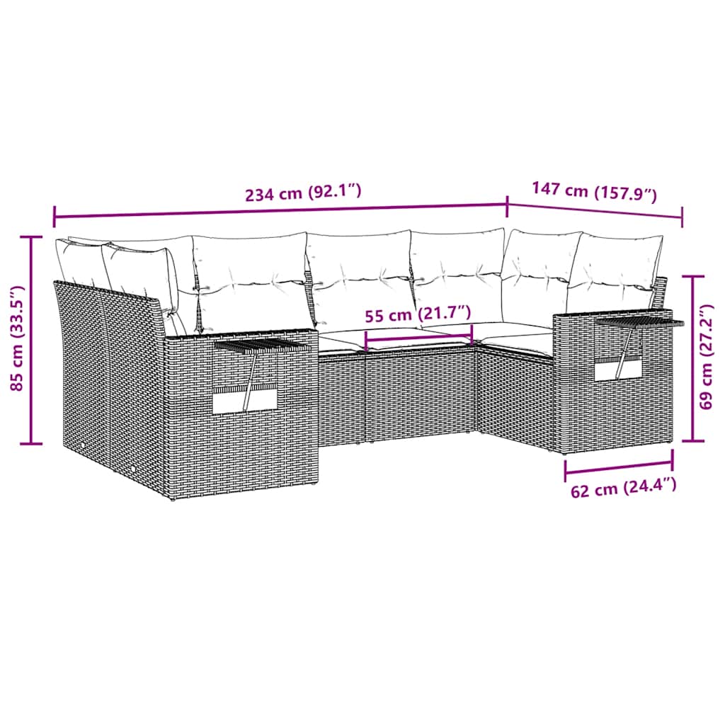 6 pcs conjunto de sofás jardim c/ almofadões vime PE castanho