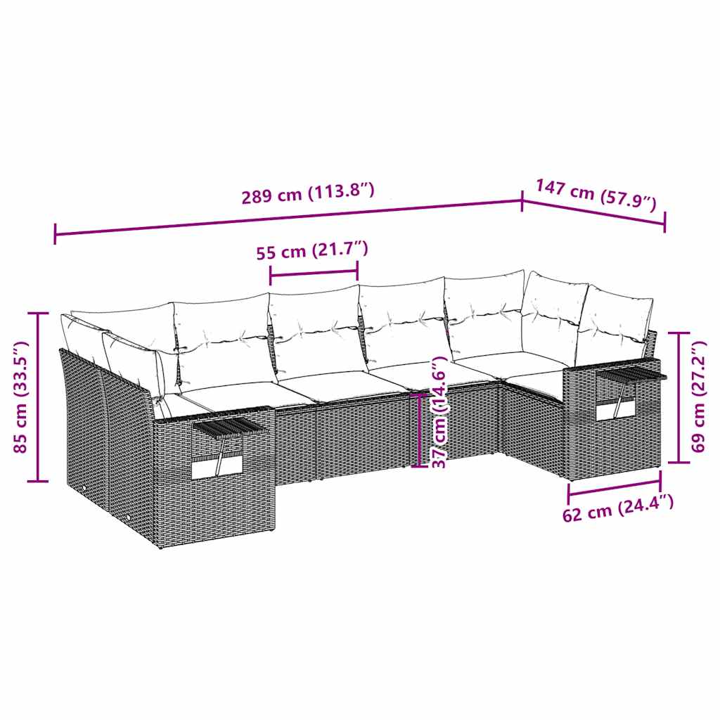 7 pcs conj. sofás jardim com almofadões vime PE cinzento-claro
