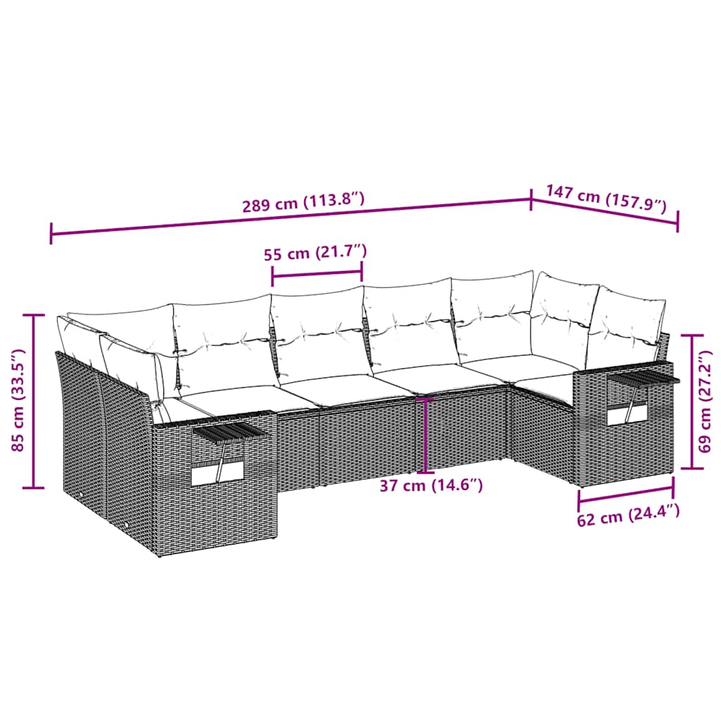 7 pcs conjunto de sofás jardim c/ almofadões vime PE castanho