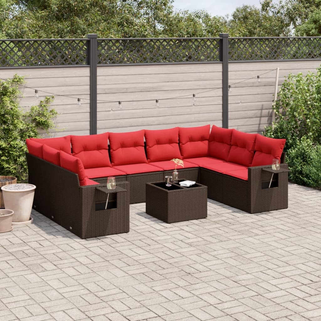 10 pcs conj. sofás jardim com almofadões vime PE castanho