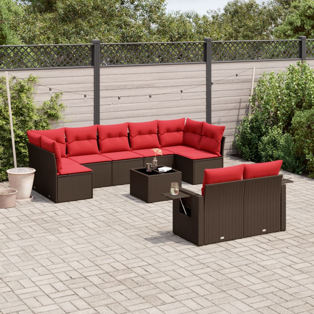 10 pcs conj. sofás jardim com almofadões vime PE castanho