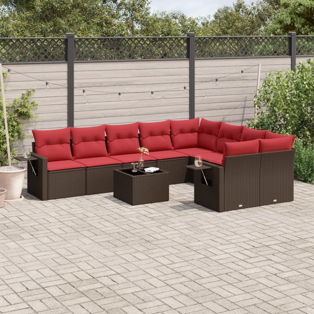 10 pcs conj. sofás jardim com almofadões vime PE castanho