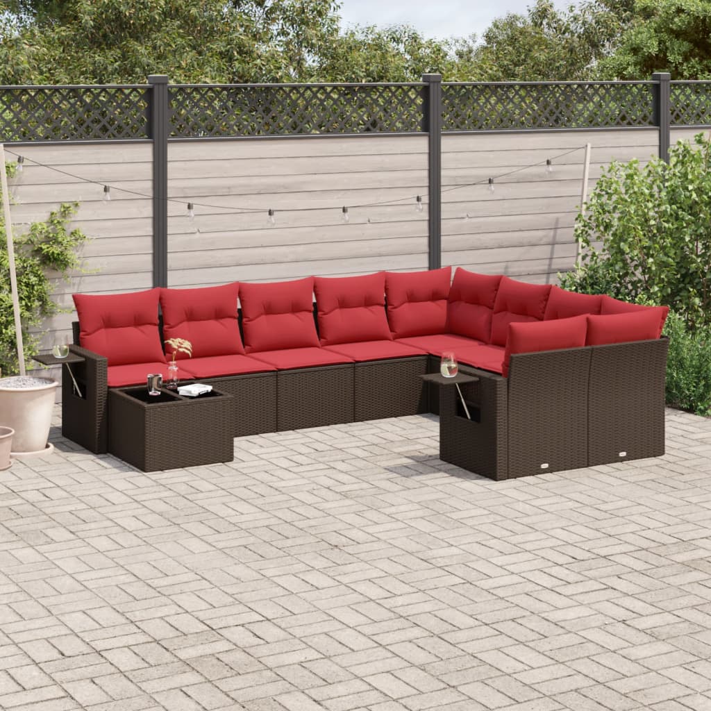 10 pcs conj. sofás jardim com almofadões vime PE castanho