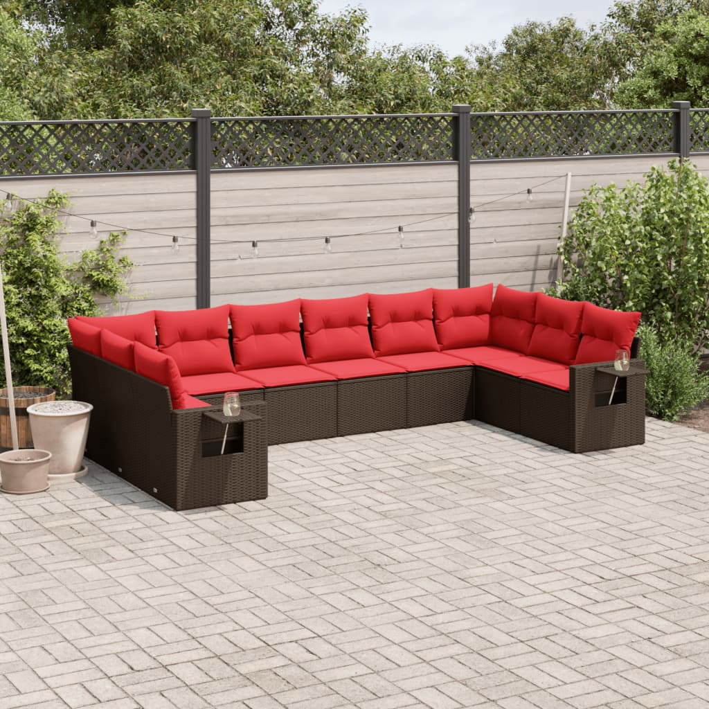 10 pcs conj. sofás jardim com almofadões vime PE castanho