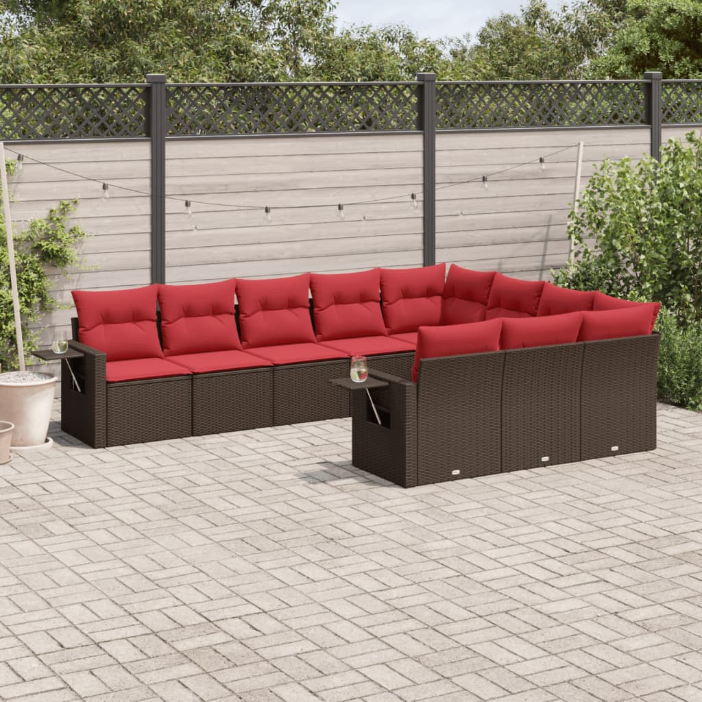 10 pcs conj. sofás jardim com almofadões vime PE castanho