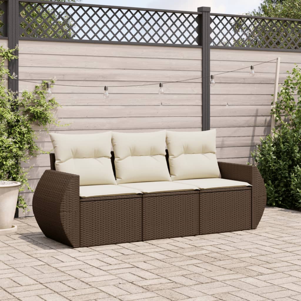 3 pcs conjunto sofás de jardim com almofadões vime PE castanho