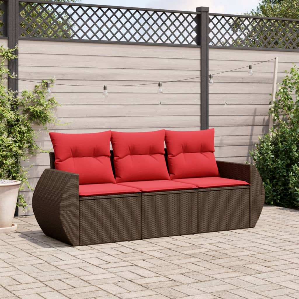 3 pcs conjunto sofás de jardim com almofadões vime PE castanho