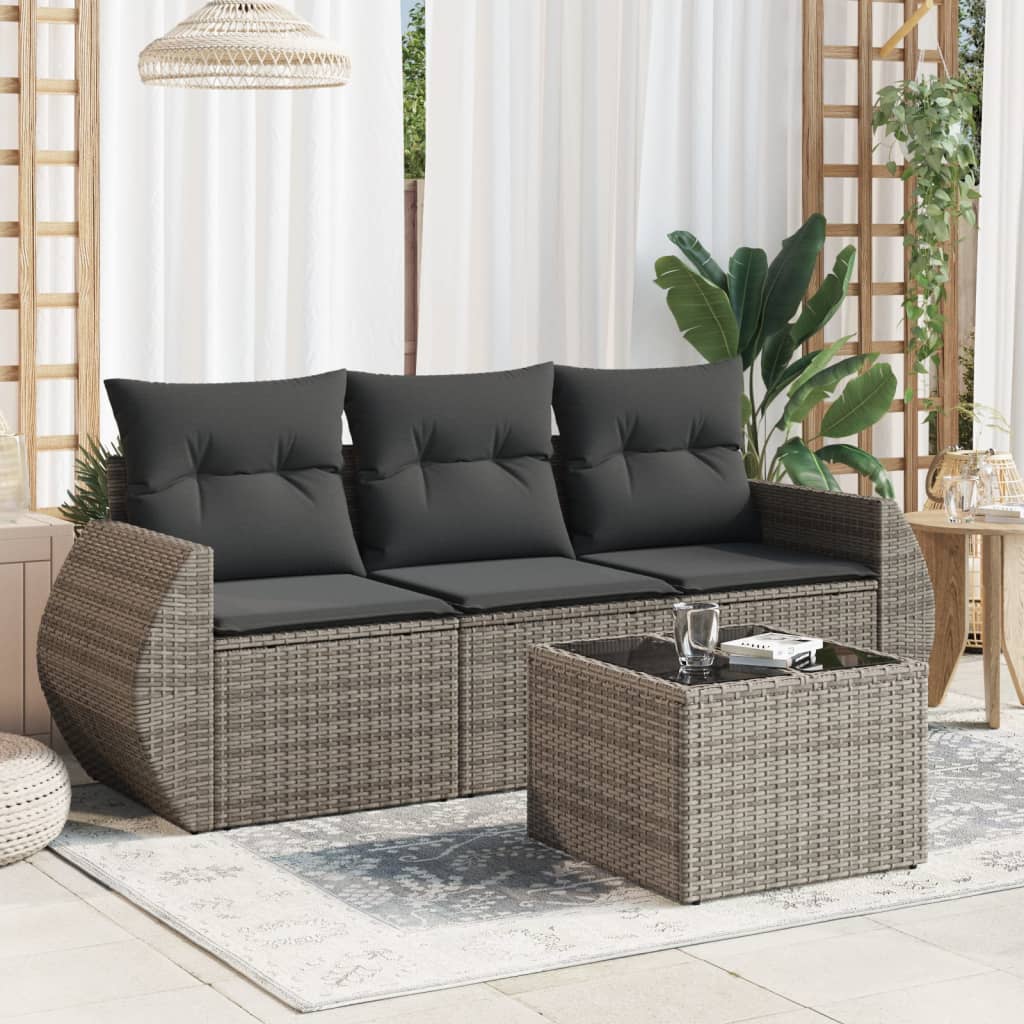 4 pcs conjunto sofás de jardim c/ almofadões vime PE cinzento