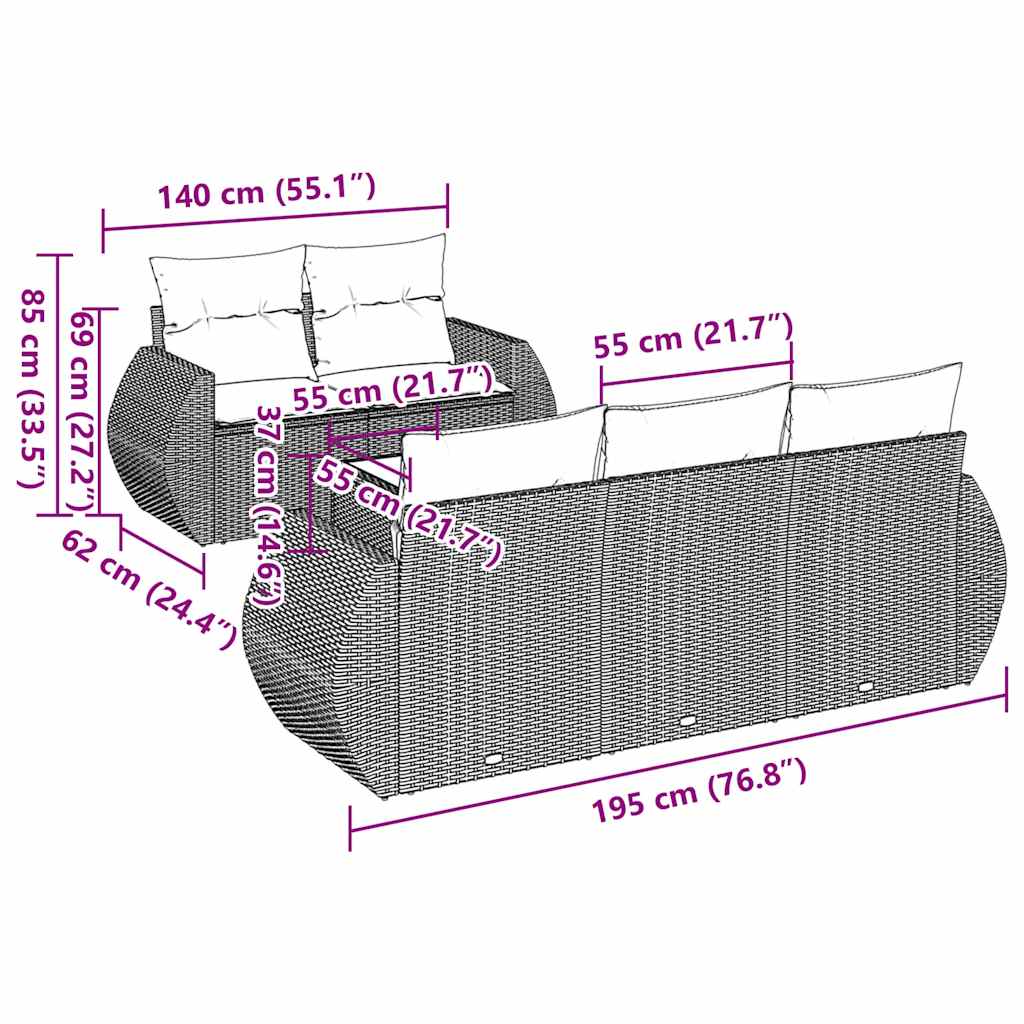 6 pcs conjunto sofás de jardim c/ almofadões vime PE preto