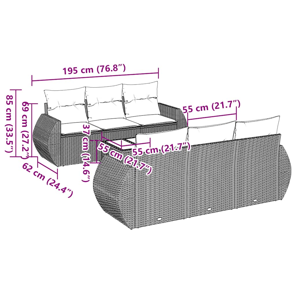 7 pcs conjunto de sofás p/ jardim c/ almofadões vime PE preto