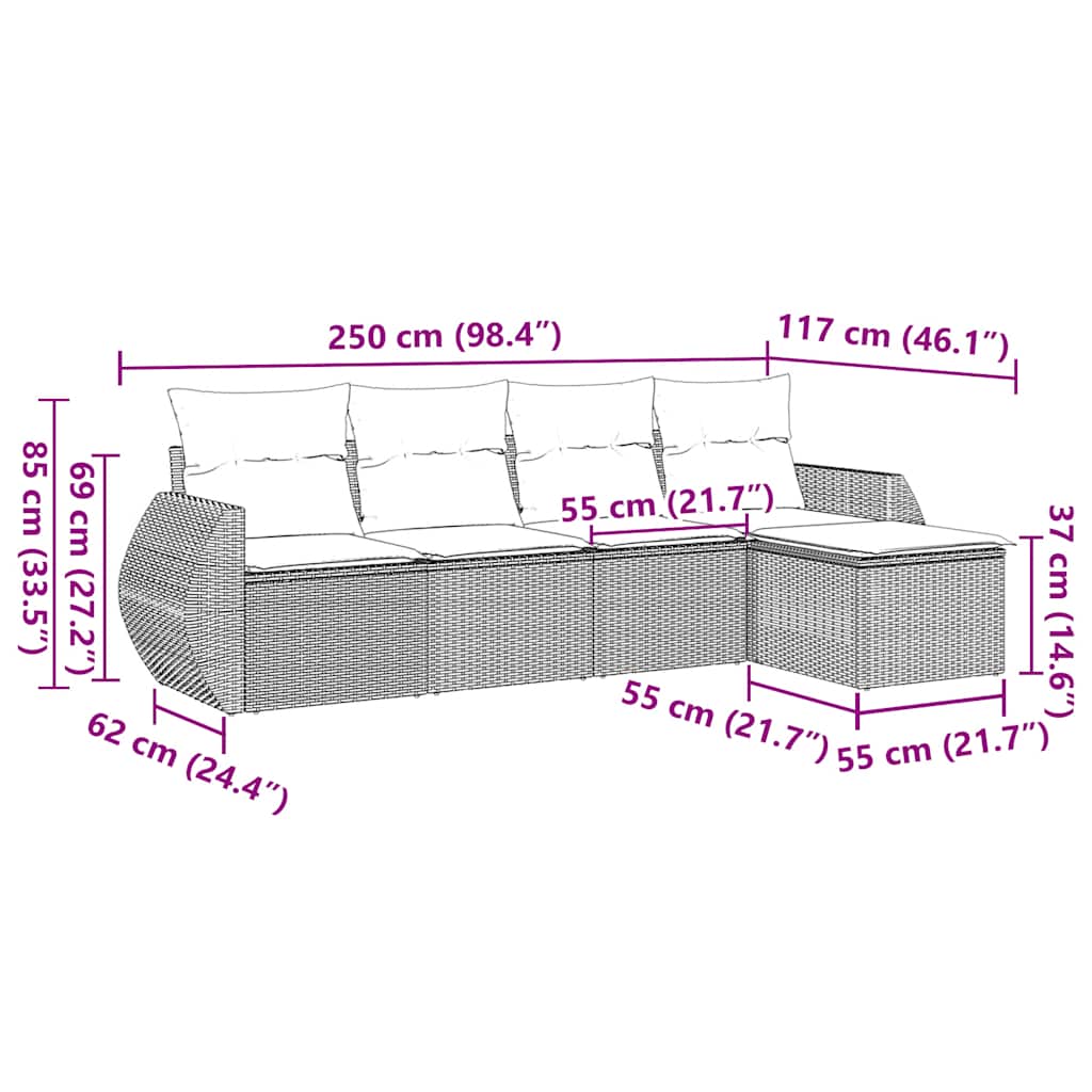 5 pcs conjunto sofás de jardim com almofadões vime PE preto
