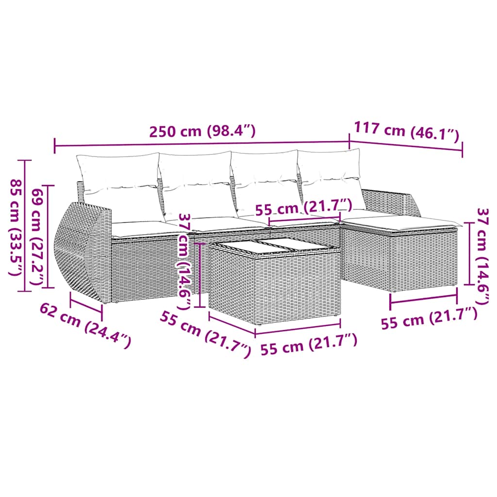 6 pcs conjunto sofás de jardim c/ almofadões vime PE preto