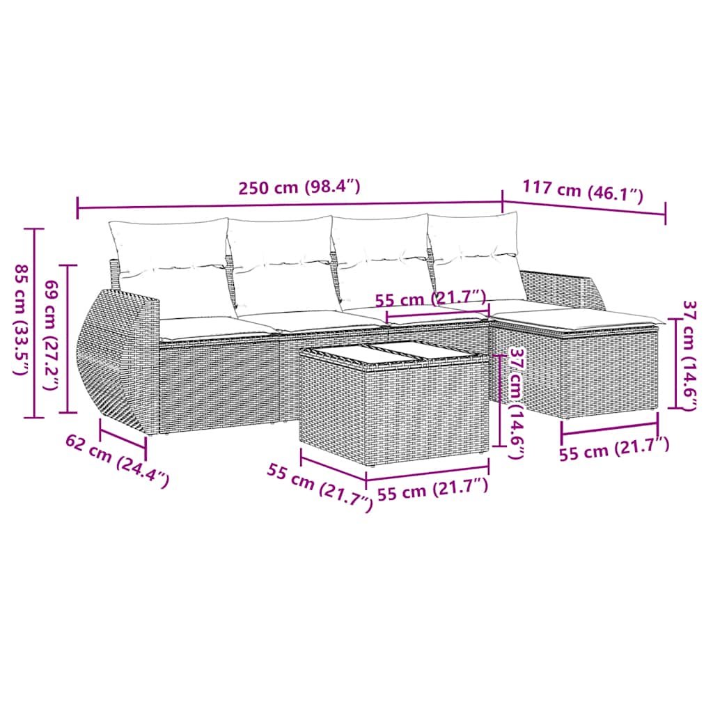 6 pcs conj. sofás jardim com almofadões vime PE cinzento-claro