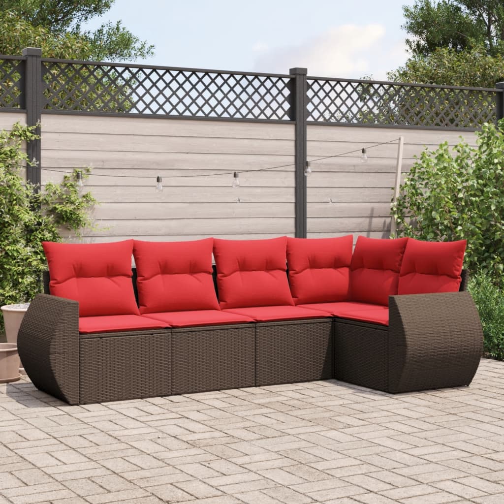 5 pcs conjunto sofás p/ jardim c/ almofadões vime PE castanho