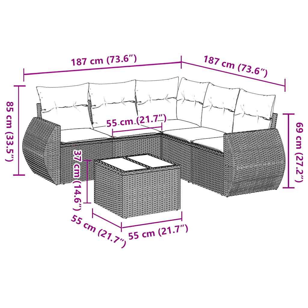 6 pcs conjunto sofás de jardim c/ almofadões vime PE preto