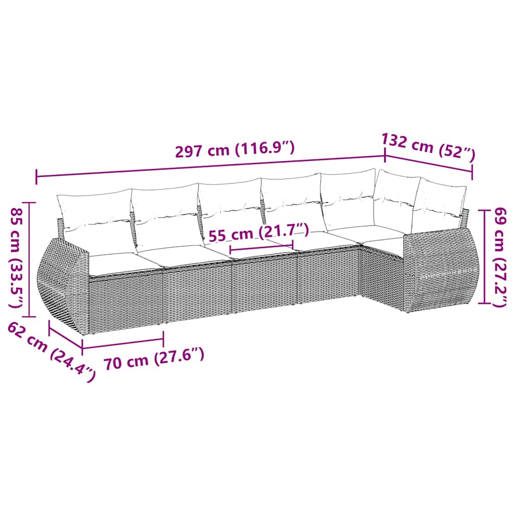 6 pcs conjunto sofás de jardim c/ almofadões vime PE preto