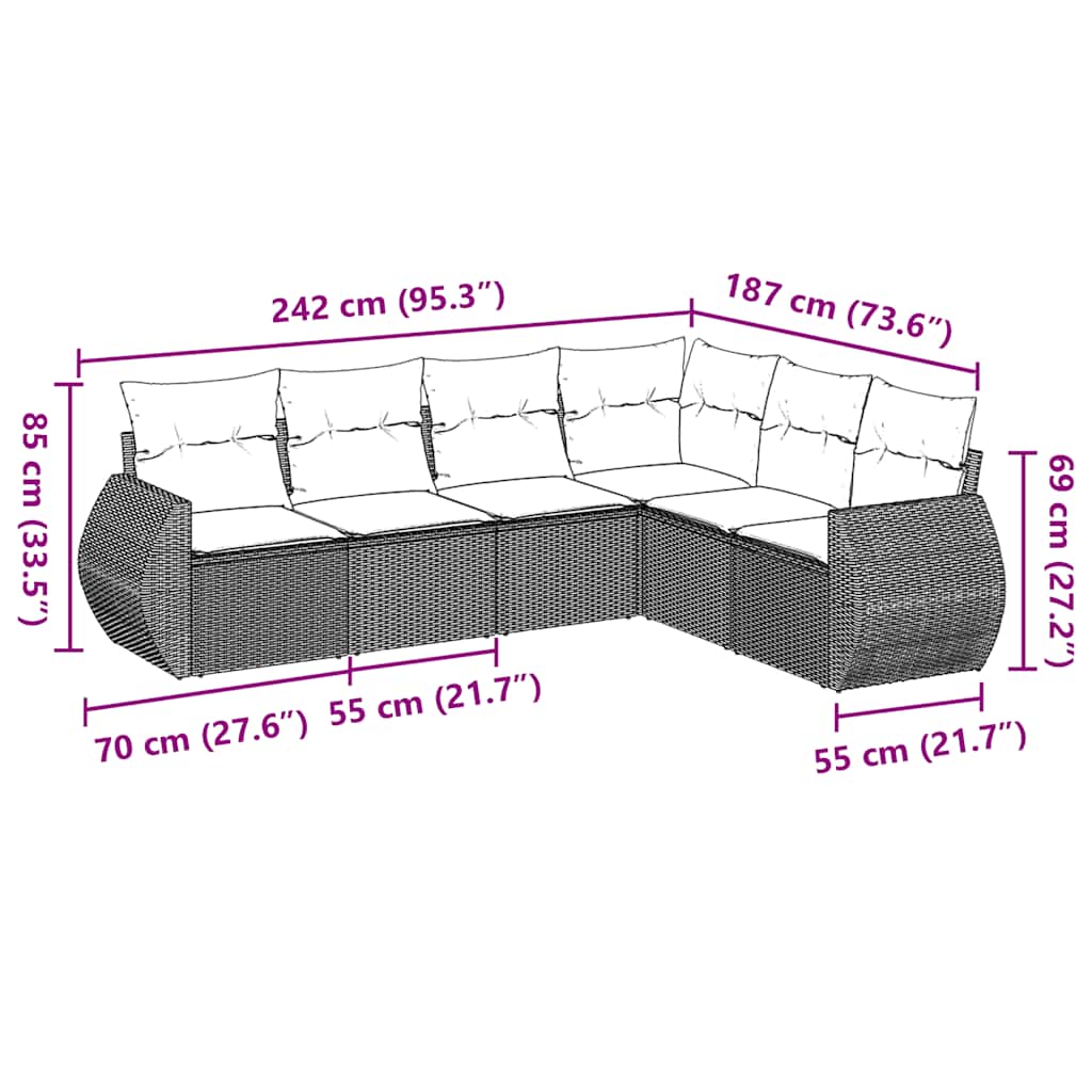 6 pcs conjunto sofás de jardim c/ almofadões vime PE preto