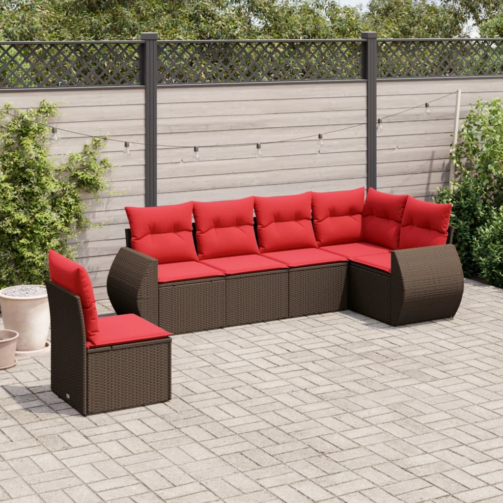 6 pcs conjunto de sofás jardim c/ almofadões vime PE castanho