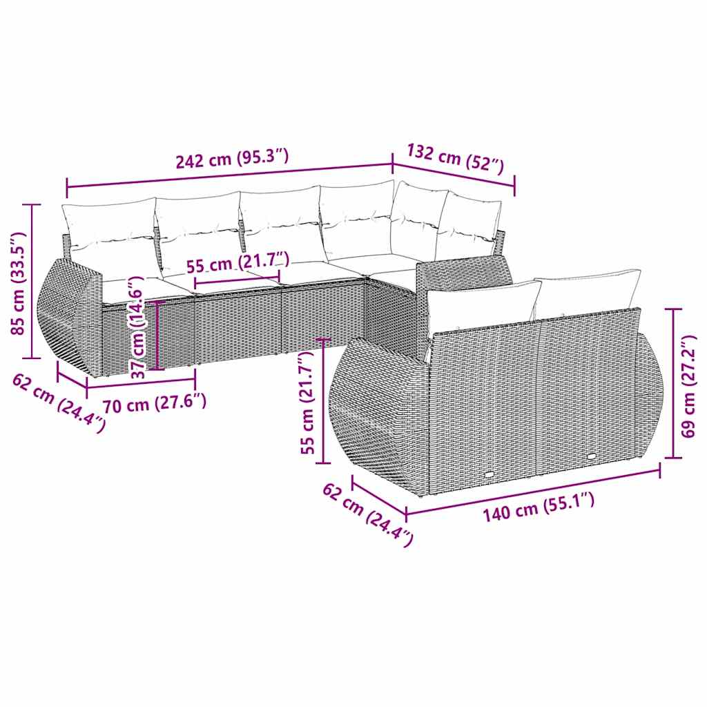 7 pcs conj. sofás jardim com almofadões vime PE cinzento-claro