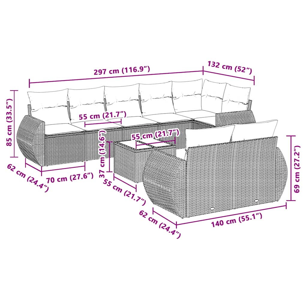 9 pcs conj. sofás jardim com almofadões vime PE cinzento-claro
