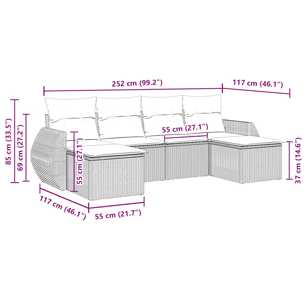 6 pcs conjunto sofás de jardim c/ almofadões vime PE preto
