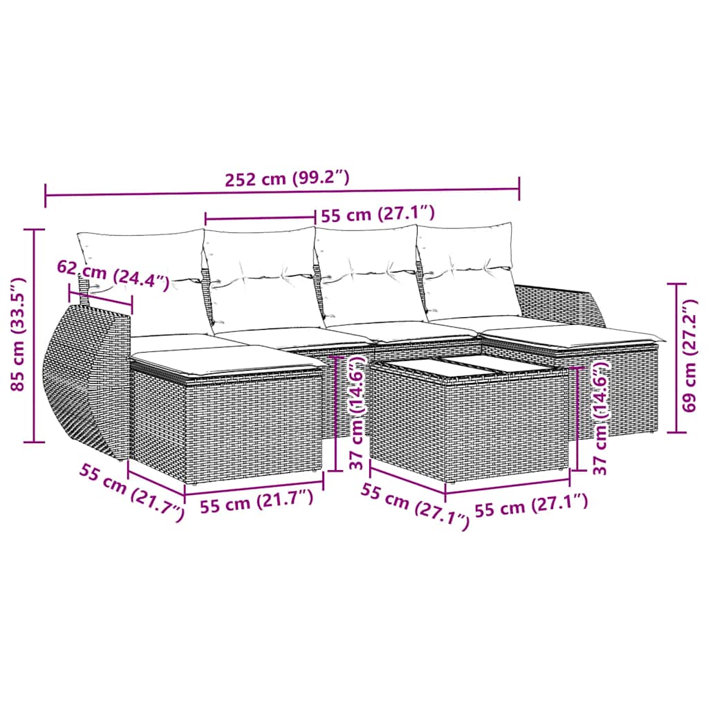 7 pcs conjunto de sofás p/ jardim c/ almofadões vime PE preto