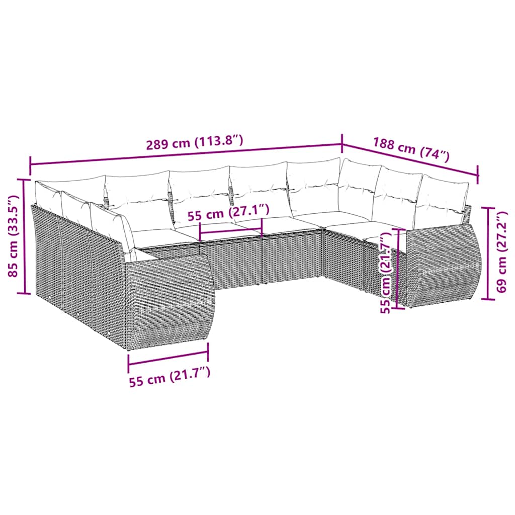 9 pcs conjunto de sofás p/ jardim c/ almofadões vime PE preto