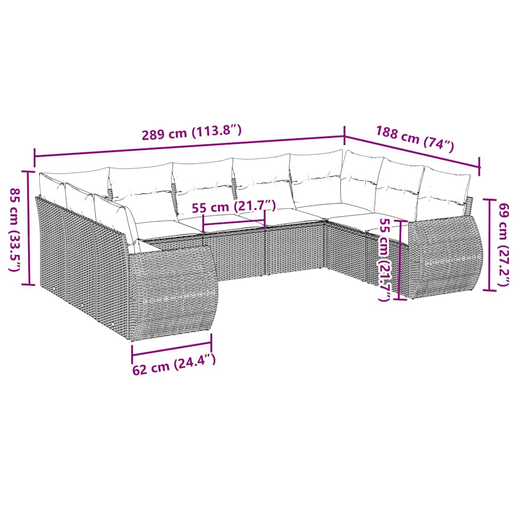 9 pcs conj. sofás jardim com almofadões vime PE cinzento-claro