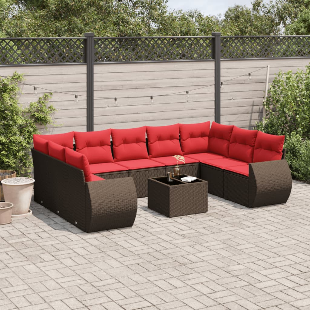 10 pcs conj. sofás jardim com almofadões vime PE castanho