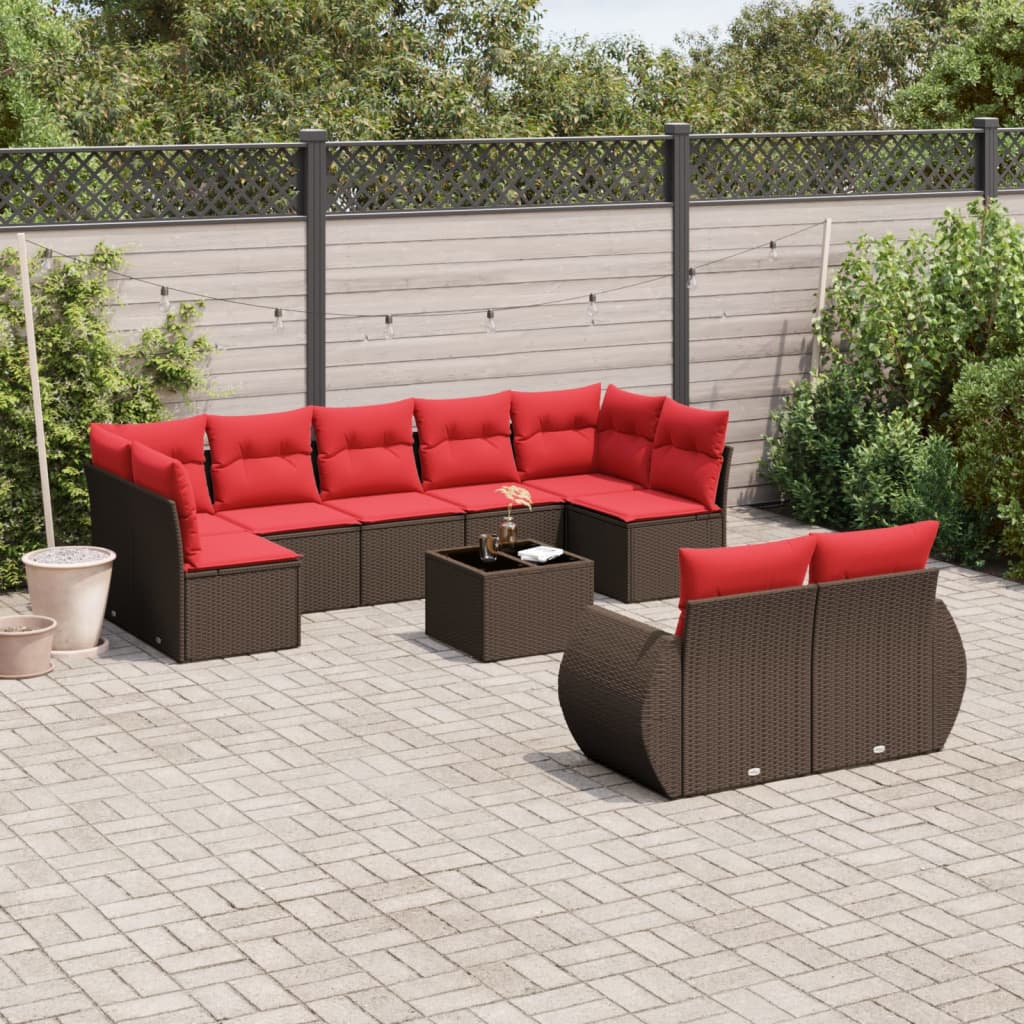 10 pcs conj. sofás jardim com almofadões vime PE castanho