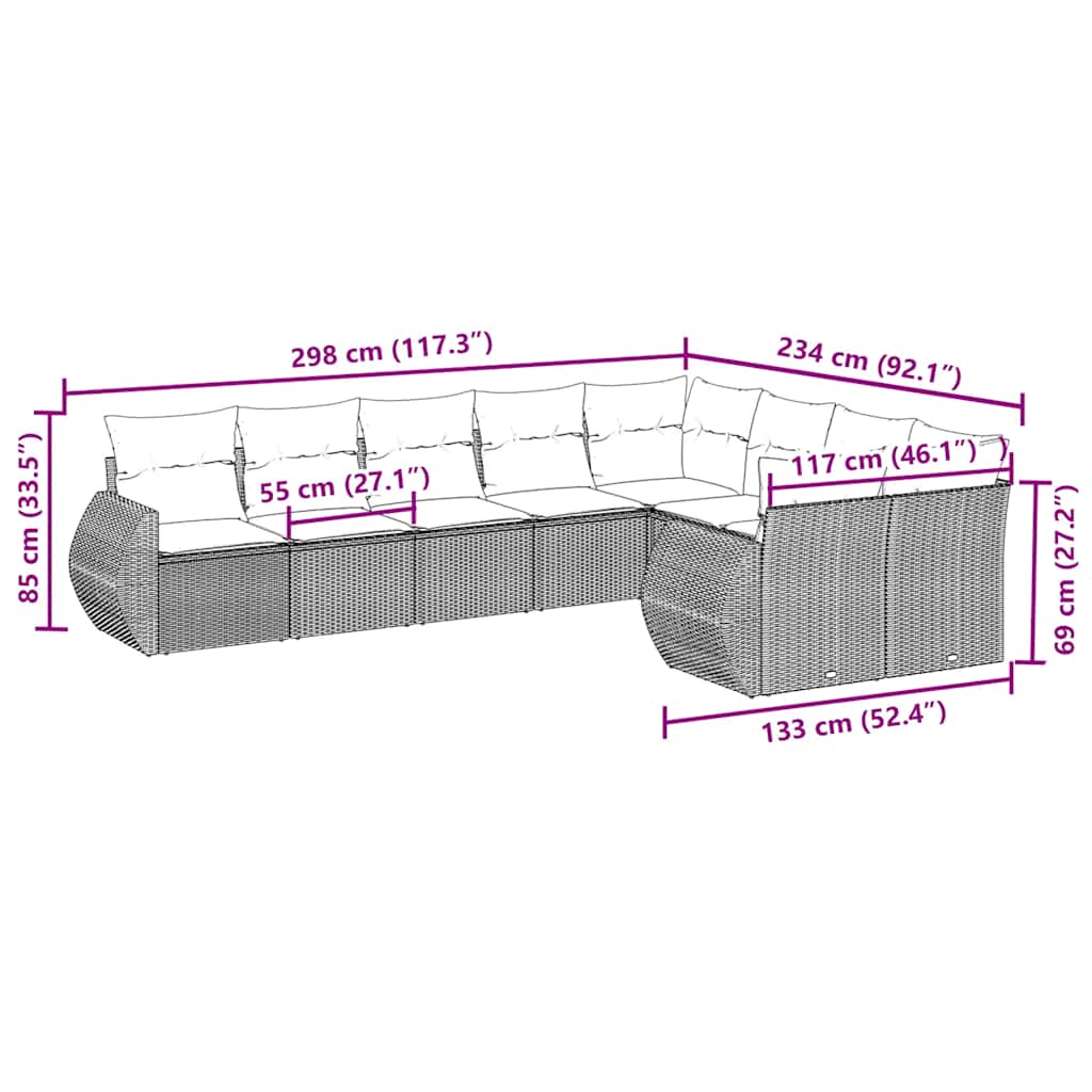 9 pcs conjunto de sofás p/ jardim c/ almofadões vime PE preto