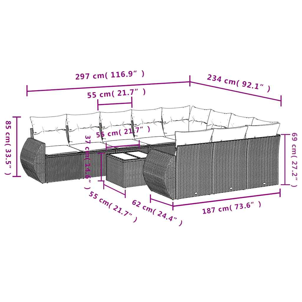 11 pcs conjunto sofás de jardim c/ almofadões vime PE preto