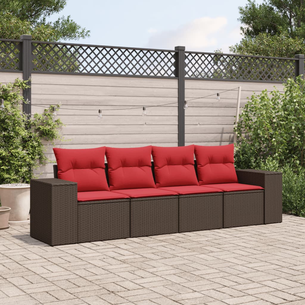 4 pcs conjunto sofás de jardim c/ almofadões vime PE castanho