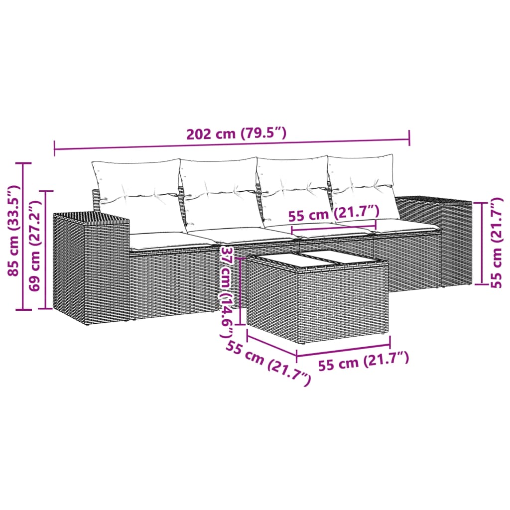 5 pcs conj. sofás jardim c/ almofadões vime PE cinzento-claro