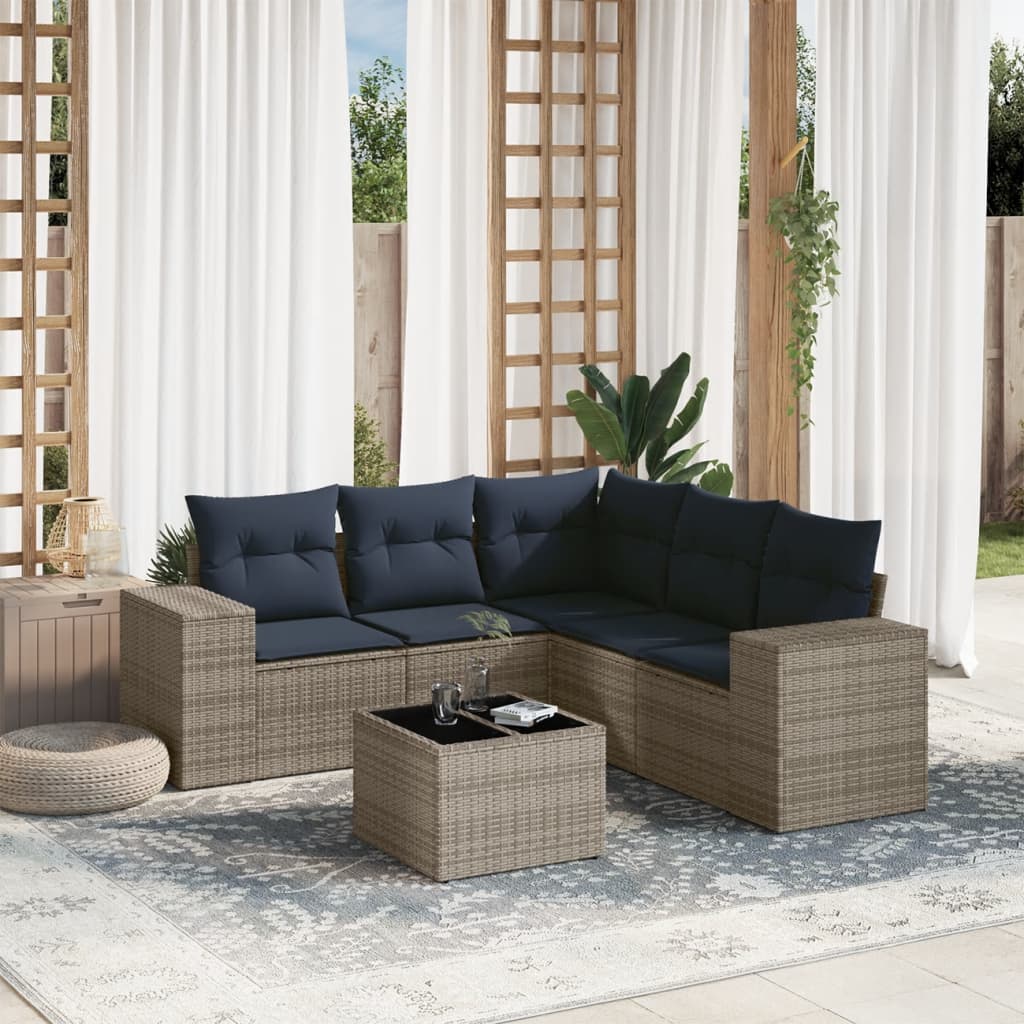 6 pcs conjunto sofás p/ jardim c/ almofadões vime PE cinzento