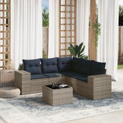 6 pcs conjunto sofás p/ jardim c/ almofadões vime PE cinzento