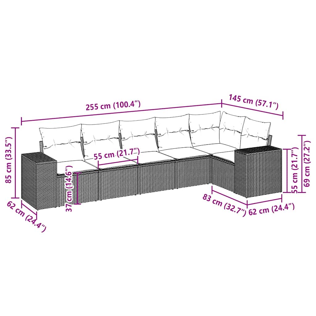6 pcs conj. sofás jardim com almofadões vime PE cinzento-claro