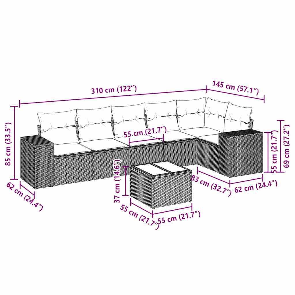 7 pcs conj. sofás jardim com almofadões vime PE cinzento-claro