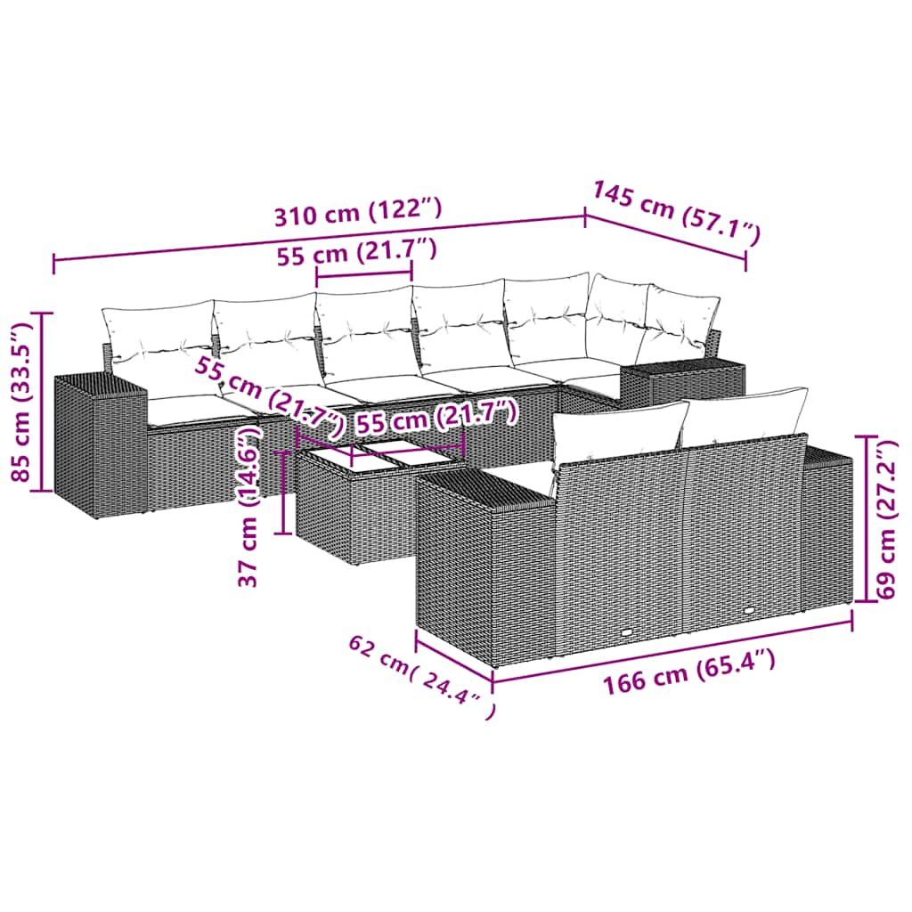 9 pcs conj. sofás jardim com almofadões vime PE cinzento-claro