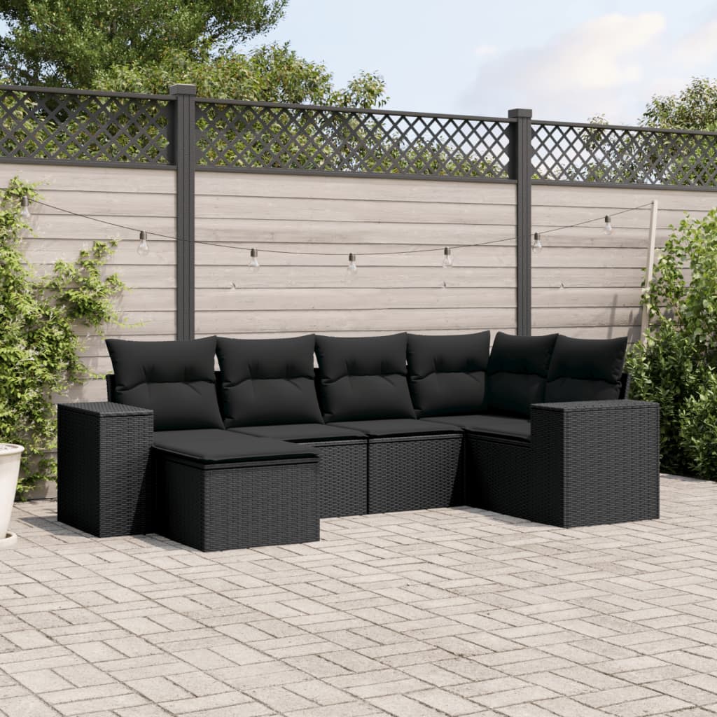 6 pcs conjunto sofás de jardim c/ almofadões vime PE preto