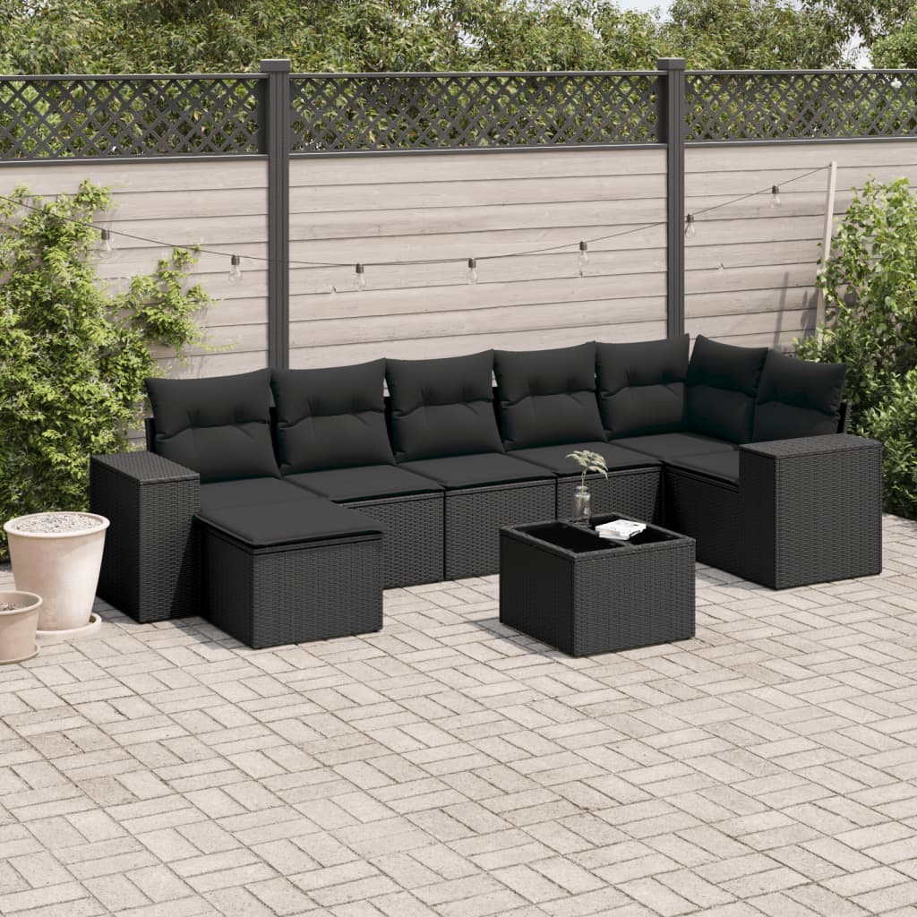 8 pcs conjunto sofás de jardim com almofadões vime PE preto