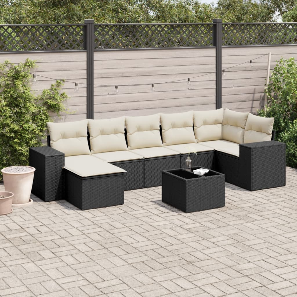 8 pcs conjunto sofás de jardim com almofadões vime PE preto