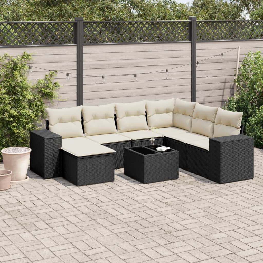 8 pcs conjunto sofás de jardim com almofadões vime PE preto