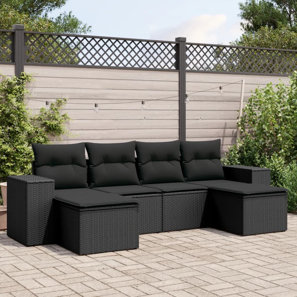 6 pcs conjunto sofás de jardim c/ almofadões vime PE preto