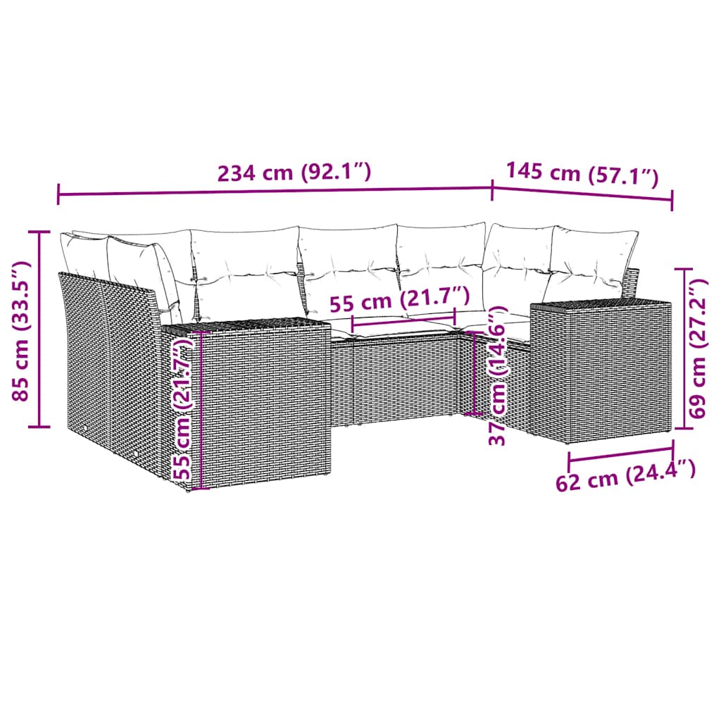 6 pcs conjunto sofás de jardim c/ almofadões vime PE preto