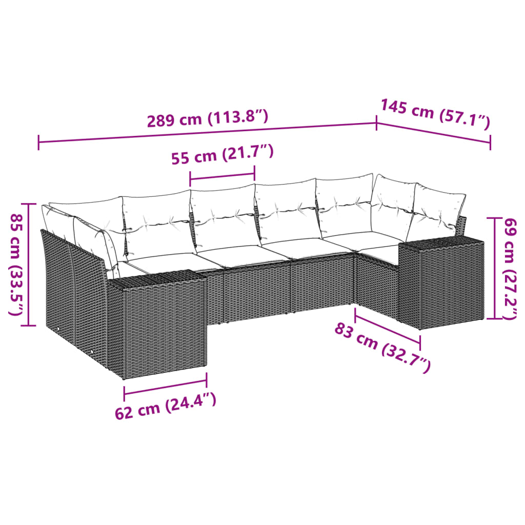 7 pcs conjunto sofás p/ jardim c/ almofadões vime PE cinzento