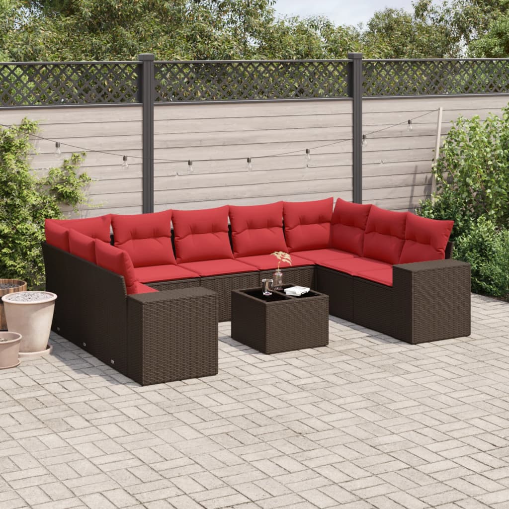 10 pcs conj. sofás jardim com almofadões vime PE castanho