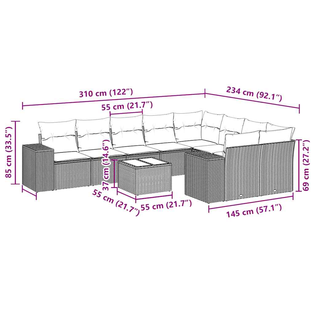 10 pcs conjunto sofás de jardim c/ almofadões vime PE preto